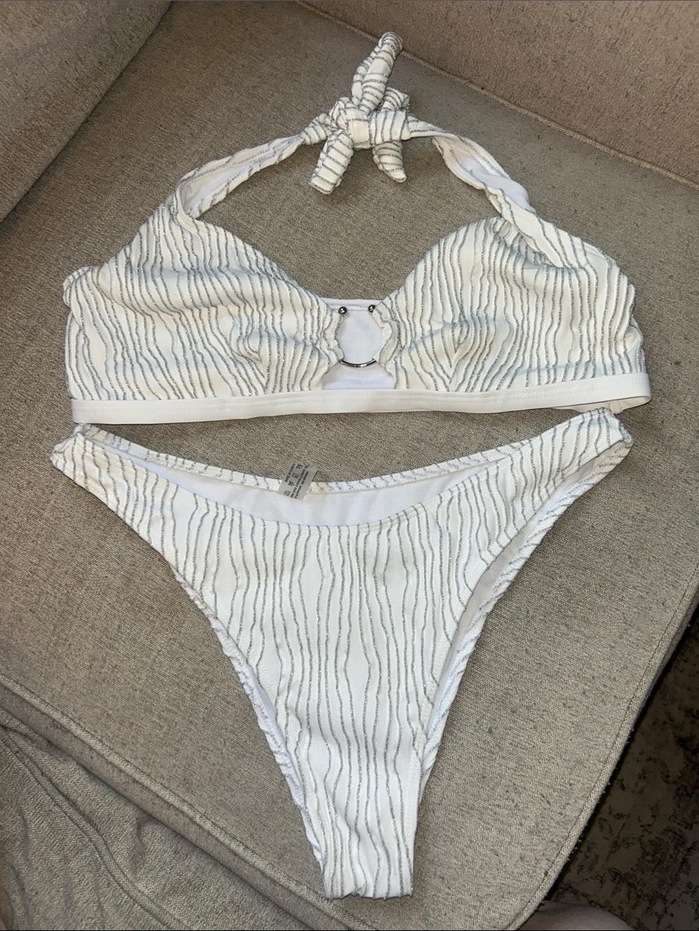 SHEIN White & Silver Textured Striped Ring-Front Halter Bikini Top & Bottoms